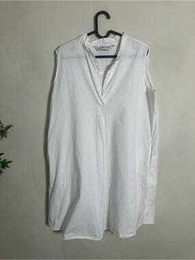 Red Land White Cotton Shirt Dress Sleeveless Large